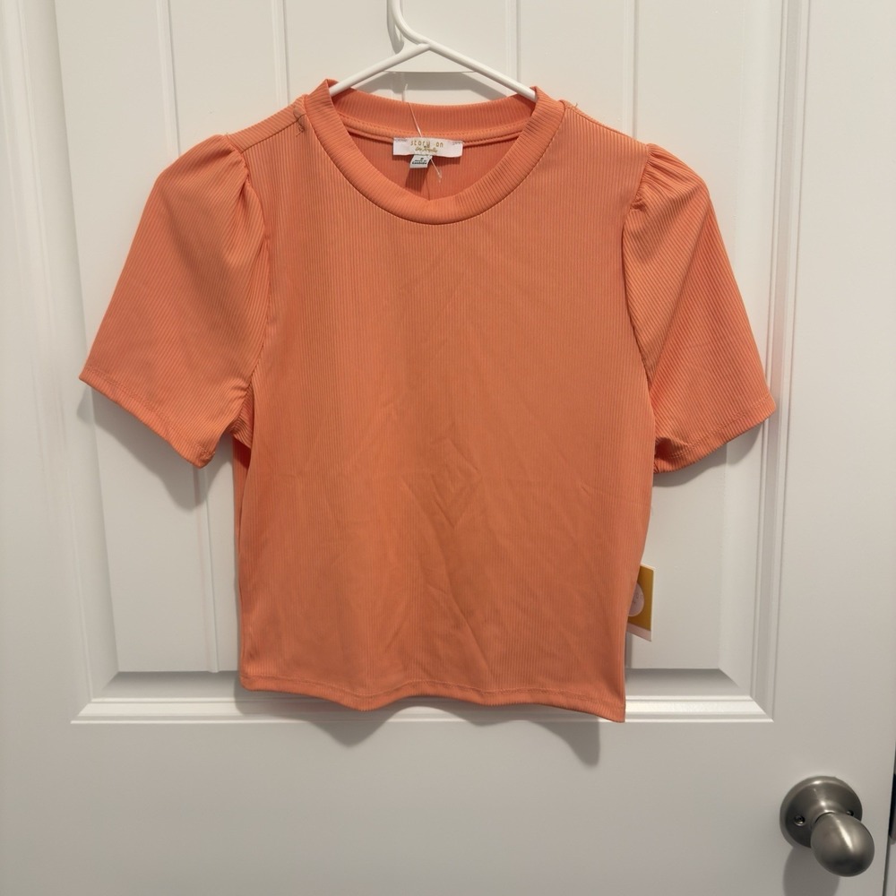 Story On Women's Ribbed Crop Tee Peach Color Size Small